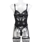 Women Lace Patchwork Lace-Up Bowknot Mesh See-Through Suspender Stockings Sexy Lingerie Two-piece Set