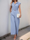 Women's summer elegant Turndown Collar sleeveless solid color straight jumpsuit