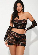 Women Mesh Mesh Hollow Grid Sexy Fishnet with Gloves Sexy Lingerie Set