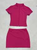 Women Basic Solid Fitted zipper short-sleeved T-shirt Bodycon skirt two-piece set