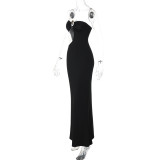 Women Summer Metal Decoration Patchwork Hollow Sexy Strapless Maxi Dress