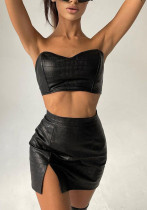 Women Sexy Pu-Leather Strapless Crop Top and Slit Skirt Two-Piece Set