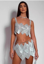 Women's Nightclub Style Sexy Diamond Sequin Checkered Two Piece Skirt Set
