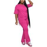 Women Casual Solid Round Neck Top and Pants Two-Piece Set