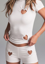 Women summer Style Heart Print hollow Solid sleeveless vest shorts two-piece set