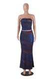 Women Summer Sexy Printed Strapless Top and Skirt Two-Piece Set