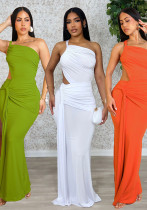 Women Solid Maxi Dress One Shoulder Pleated Dress