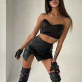 Women Sexy Pu-Leather Strapless Crop Top and Slit Skirt Two-Piece Set