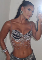Women Sexy Metal Chain Hollow Beaded Halter Neck Strap Backless Vest Body Chain Top