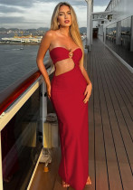 Women Summer Metal Decoration Patchwork Hollow Sexy Strapless Maxi Dress