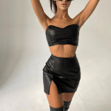 Women Sexy Pu-Leather Strapless Crop Top and Slit Skirt Two-Piece Set