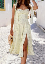 Women V-neck Suspender Lace-up Floral Backless Slit Dress