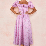 Women Spring Printed French Floral Backless Suspender Slit Dress
