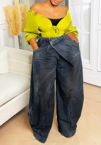 Women Retro Washed Reverse Waist Denim Pants