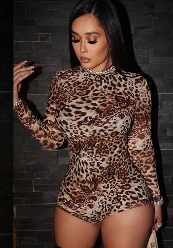 Women Trendy Long Sleeve Round Neck Leopard Print Sexy Jumpsuit