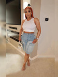 Women Retro Denim Knee-Length Cargo Shorts