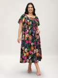 Plus Size Women Summer Square Neck Printed Maxi Dress