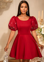 Women Beaded Puff Sleeve Formal Party Evening Dress