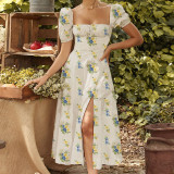 Women Spring Printed French Floral Backless Suspender Slit Dress