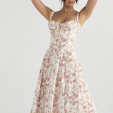 Women Spring Printed French Floral Backless Suspender Slit Dress