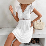 Women summer white knitting jacquard hollow Stretchy dress