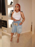Women Retro Denim Knee-Length Cargo Shorts