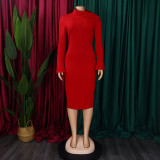 Autumn and Winter Long Sleeve Bodycon Plus Size Slash Shoulder Solid Color Women's African Dress