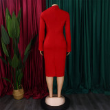 Autumn and Winter Long Sleeve Bodycon Plus Size Slash Shoulder Solid Color Women's African Dress