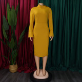 Autumn and Winter Long Sleeve Bodycon Plus Size Slash Shoulder Solid Color Women's African Dress