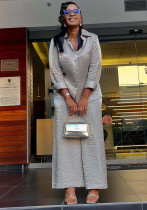 Summer African Women Casual Trendy Solid Color Long Sleeve Turndown Collar Shirt Pants Trendy Two-piece Set