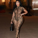 Summer Women sexy backless print see-through mesh jumpsuit