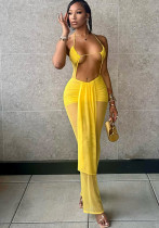 Summer Women's Fashion Sexy See-Through Halter Neck Hollow Slightly Flared Long Jumpsuit