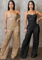 Women's PU Leather Strap Sleeveless Wide-Leg Jumpsuit