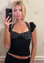 Women's spring summer Halter Neck short-sleeved Low Back tops polka dots Patchwork T-shirt
