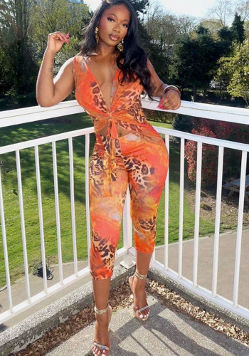 Women Spring and Summer Leopard V Neck Tie Rope Seven-Point Bodycon Jumpsuit