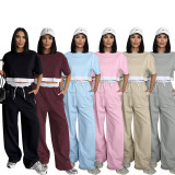 Women Summer Solid Round Neck Short Sleeve Top and Casual Wide Leg Pants Two-Piece Set