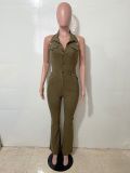 Women Denim Stretch Sexy Backless Turndown Collar Cargo Jumpsuit