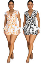 Women Printed V-Neck Sleeveless Blazer and Shorts Casual Two-Piece Set