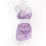 Women Lilac Lace Bra Short Skirt Bowknot Sexy Lingerie Two-Piece Set