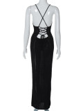 Women Spring and Summer Sexy Backless Hollow Lace Knitting Suspender Bodycon Dress