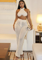 Women Summer Halter Neck Strapless Top Hollow Pocket Trousers Two-piece Set