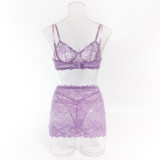 Women Lilac Lace Bra Short Skirt Bowknot Sexy Lingerie Two-Piece Set