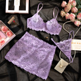 Women Lilac Lace Bra Short Skirt Bowknot Sexy Lingerie Two-Piece Set