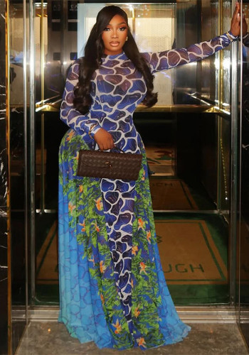Women Printed High-Neck Long-Sleeved Career Bodycon Dress