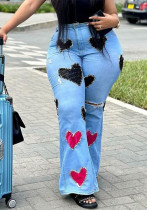 Women Casual Ripped Heart Print Patch Denim Pants