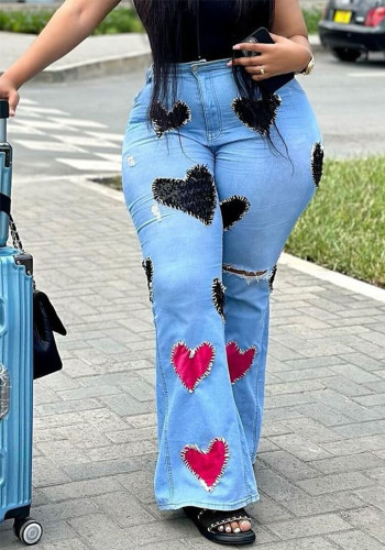 Women Casual Ripped Heart Print Patch Denim Pants