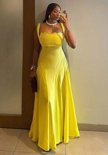 Women Spring Suspender Wave Neck Dress