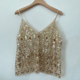 Women Summer Sequin Beaded Suspender Basics V-Neck Top