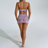 Women Lilac Lace Bra Short Skirt Bowknot Sexy Lingerie Two-Piece Set