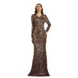 Women's Long-Sleeved V-Neck Slim Sequined Formal Evening Dress